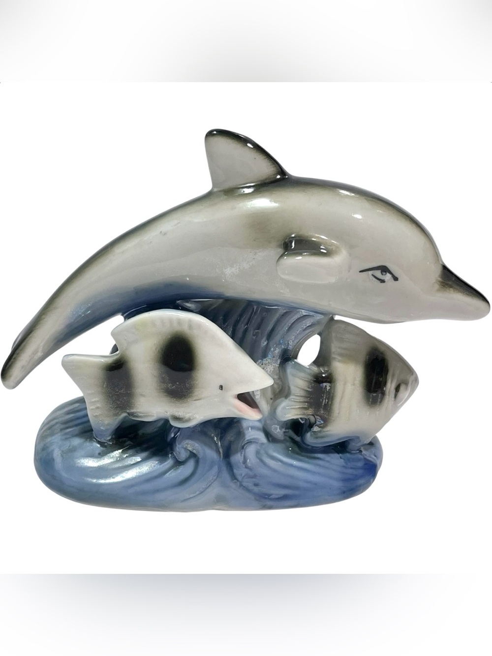 Vintage 1950s Kitschy Porcelain Dolphin and Fish Figurine - Mid-Century Japan